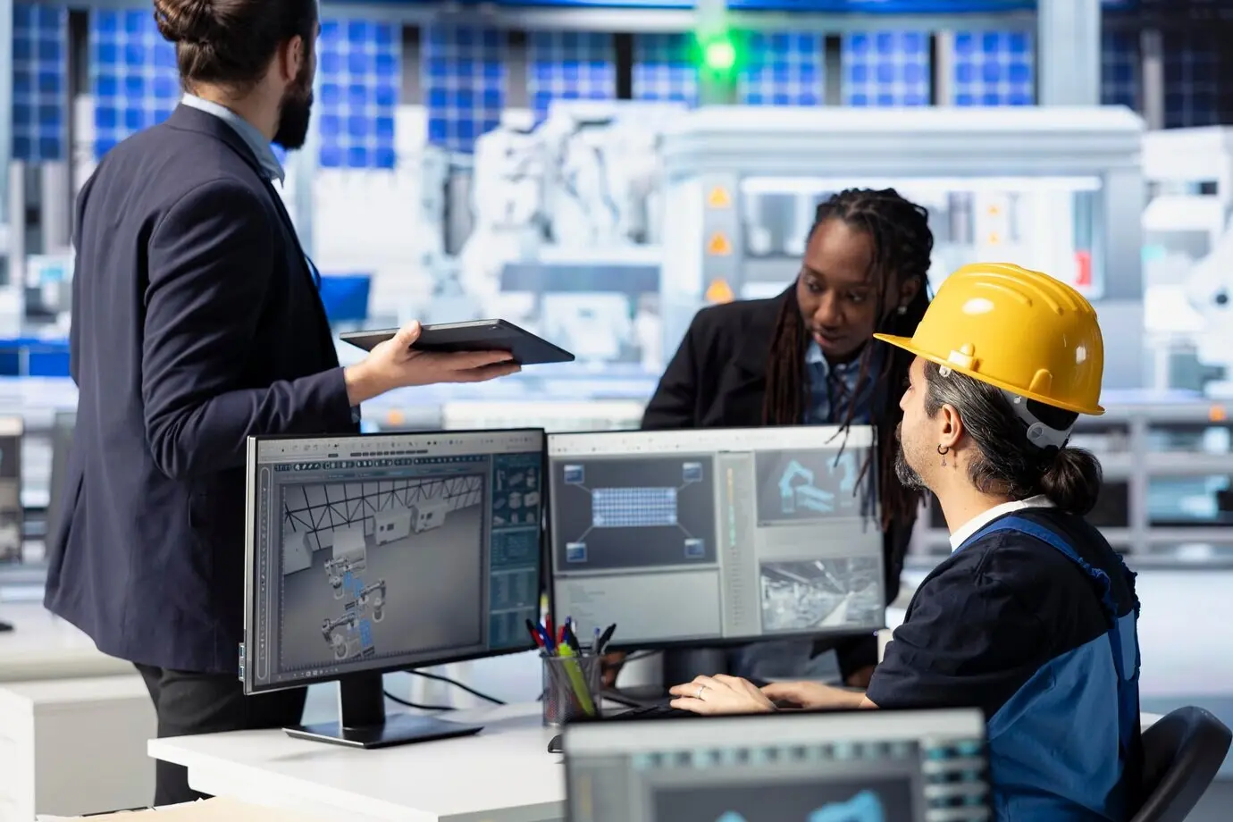 Сотрудники завода по производству солнечных панелей регулируют параметры производства.