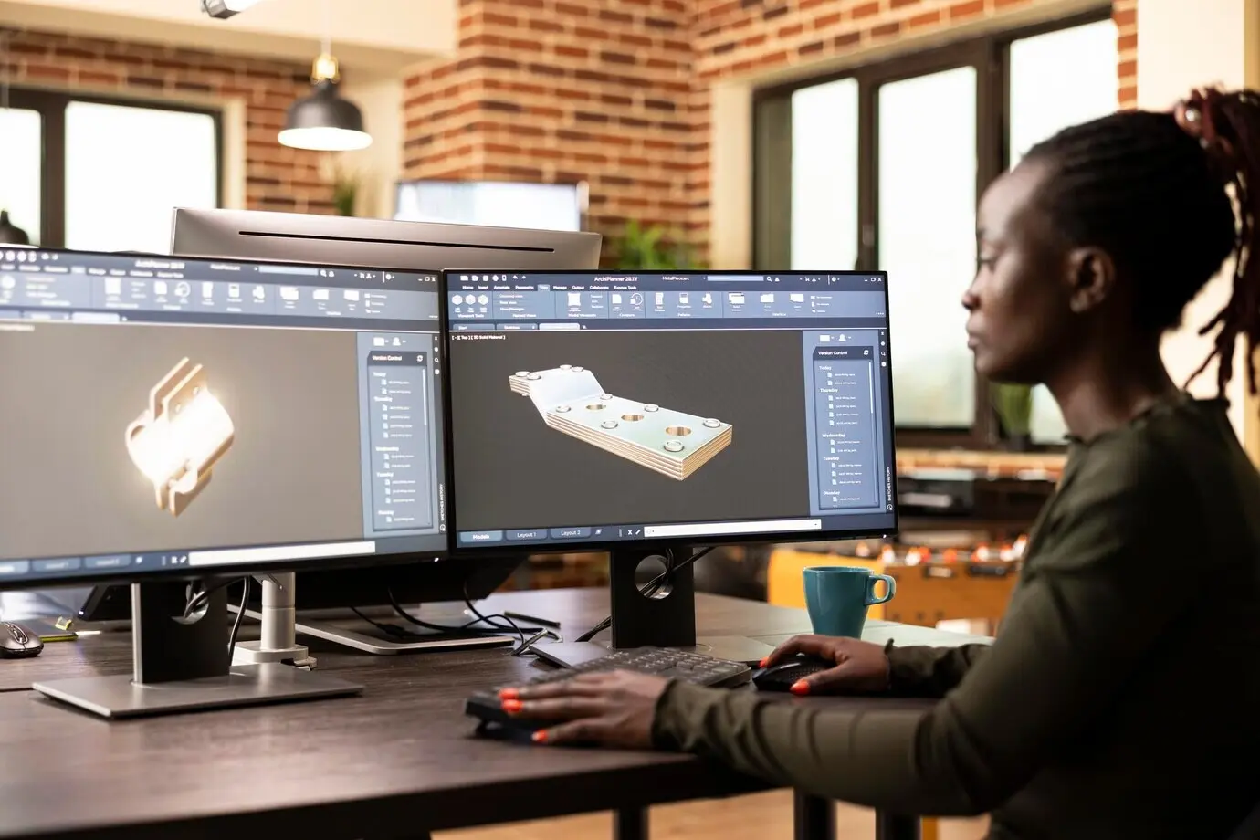 Женщина-инженер проектирует машинные шестерни.